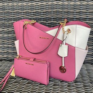 Michael Kors X Chain Color-Block Saffiano Leather Shoulder & Double Zip Wristlet